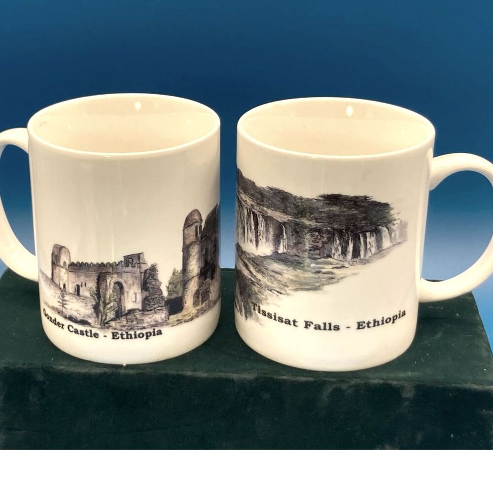 Ethiopia White Ceramic Mugs 2 Gonder Castle, Tissisat Water Falls 10 oz scenic